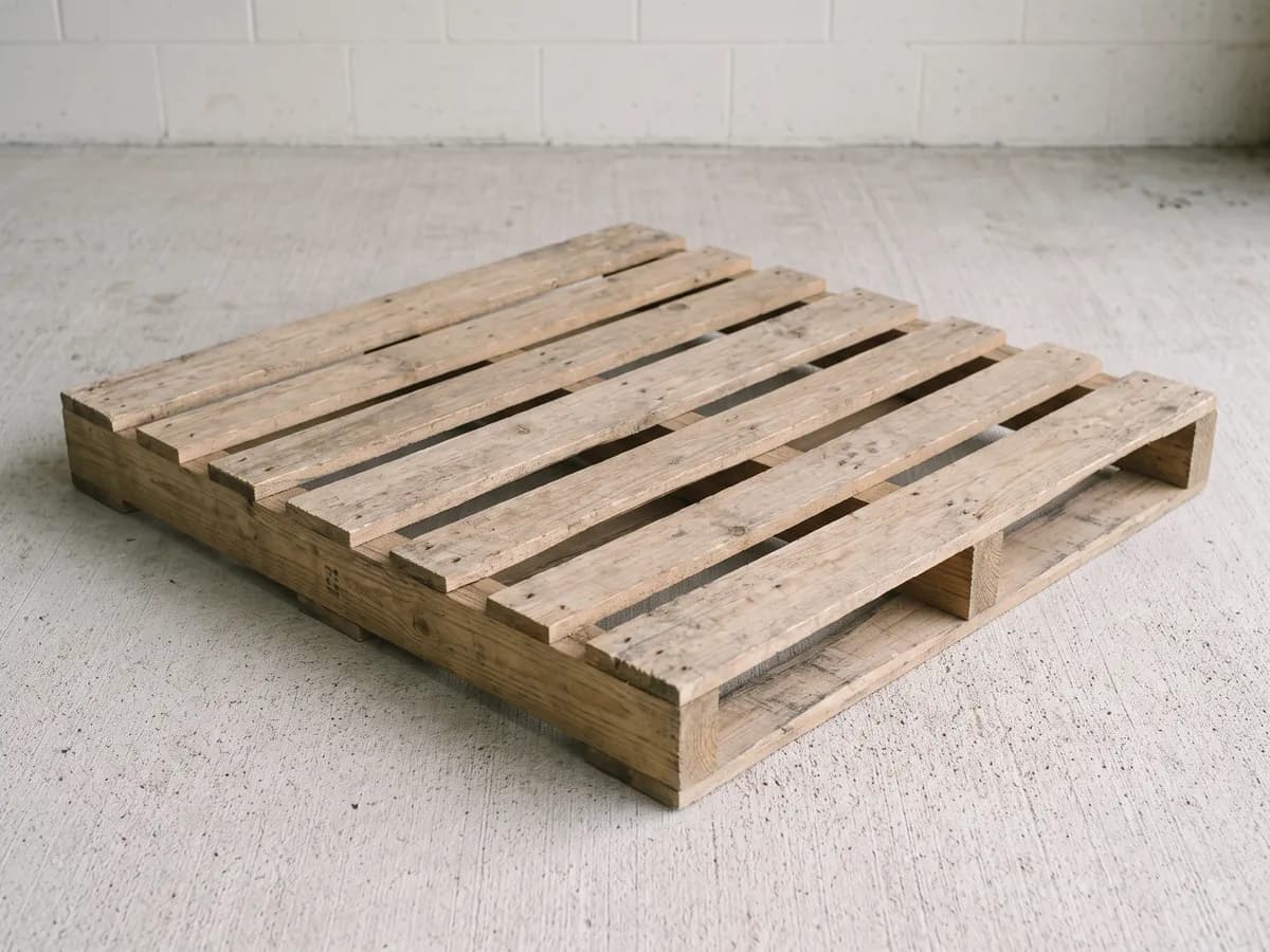 One clean, lightly used pallet with solid boards and square corners on a light concrete floor