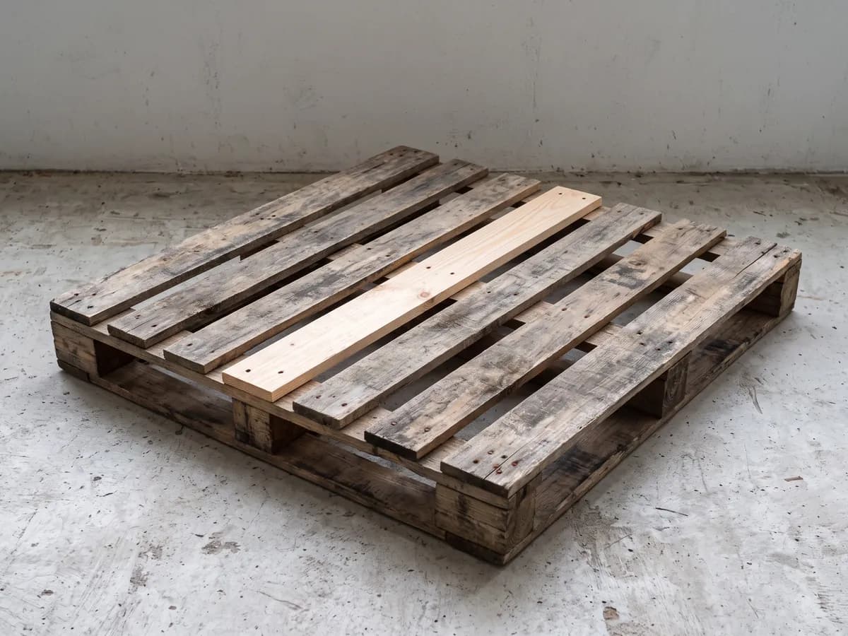 One used, weathered pallet with stains and mismatched boards, one board replaced with a new light board