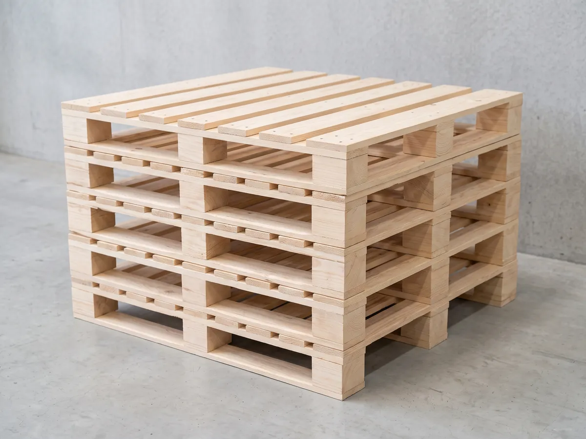 A stack of five new, pale, clean pallets on a light concrete floor